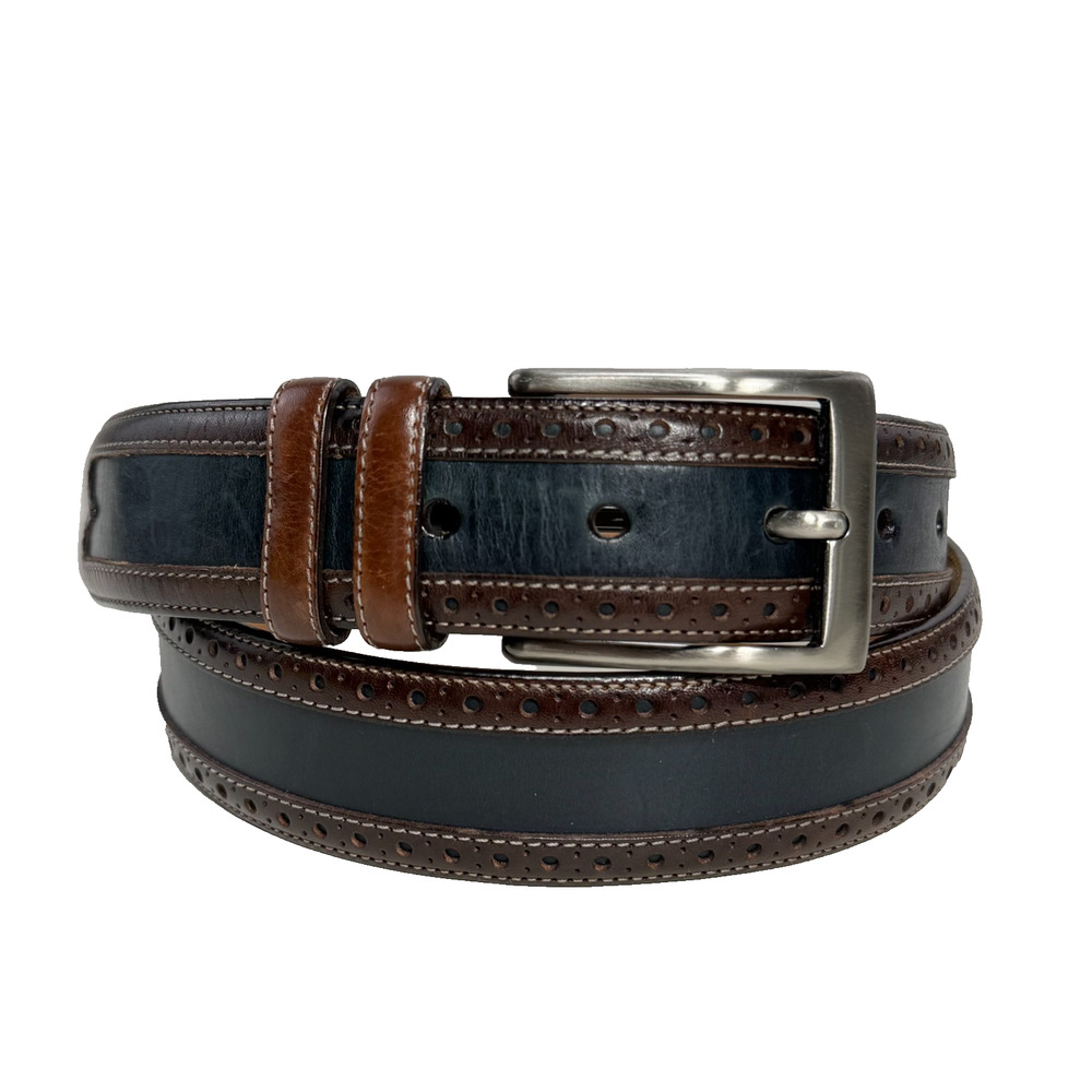 Mezlan Dress Belt 36 Brown Black Leather Silver Buckle 1-3/8" Spain 2 Tone EUC